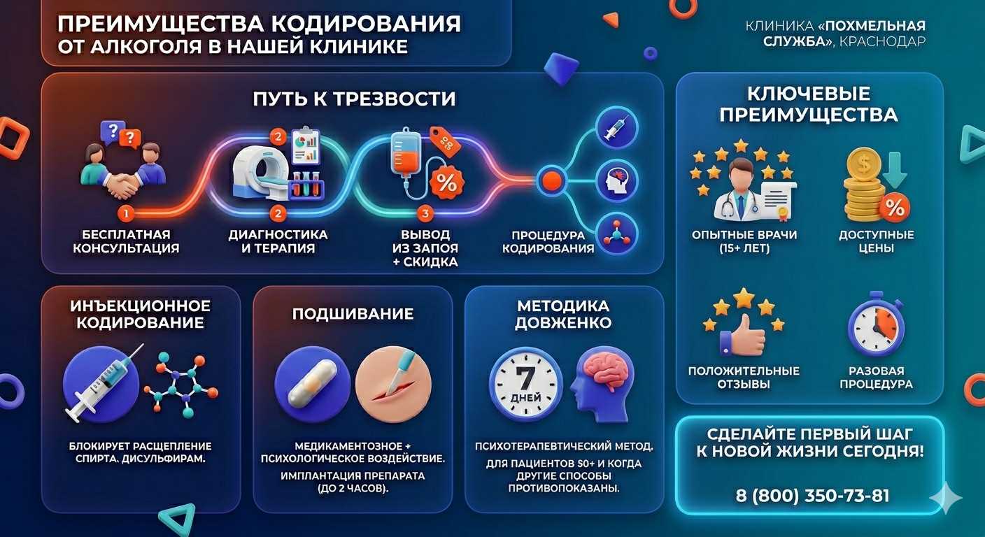 Инфографика о методах кодирования от алкоголя в Бежецке: инъекции, подшивание, метод Довженко. Преимущества клиники и этапы лечения.