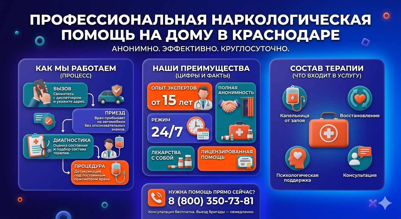 Инфографика о принципах лечения алкоголизма на дому в Бежецке: этапы вызова нарколога, преимущества анонимной детоксикации и состав медицинской помощи.